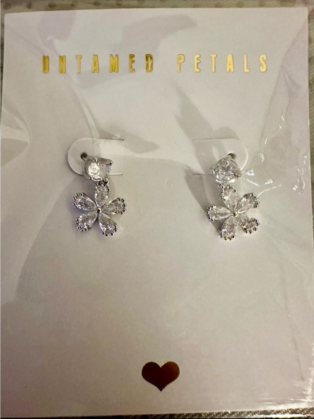 Untamed Petals New Still in Package Silver Crystal Floral Drop Earrings